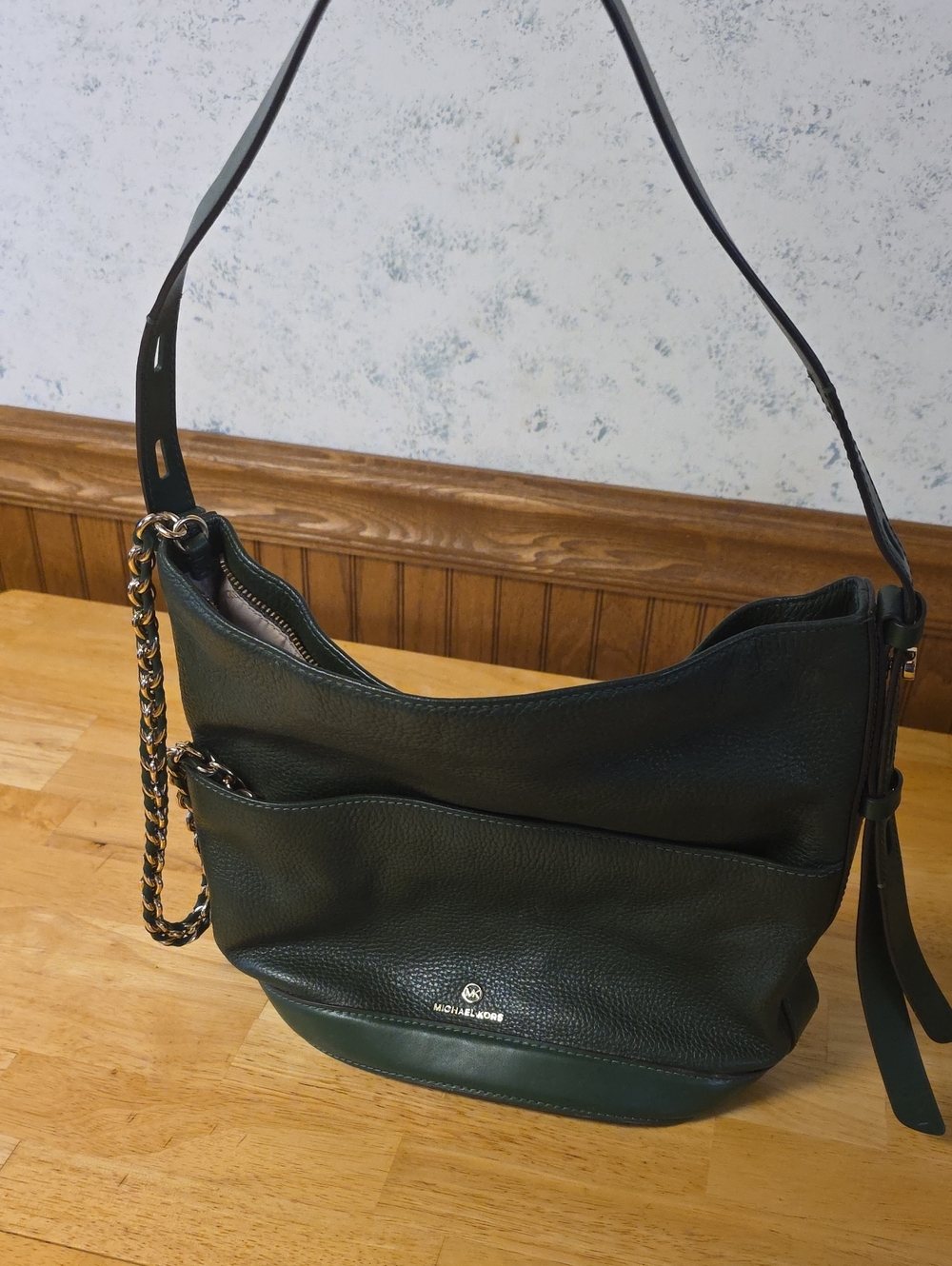 Michael Kors Forest Green Pebbled Leather Shoulder Bag with Chain Accent